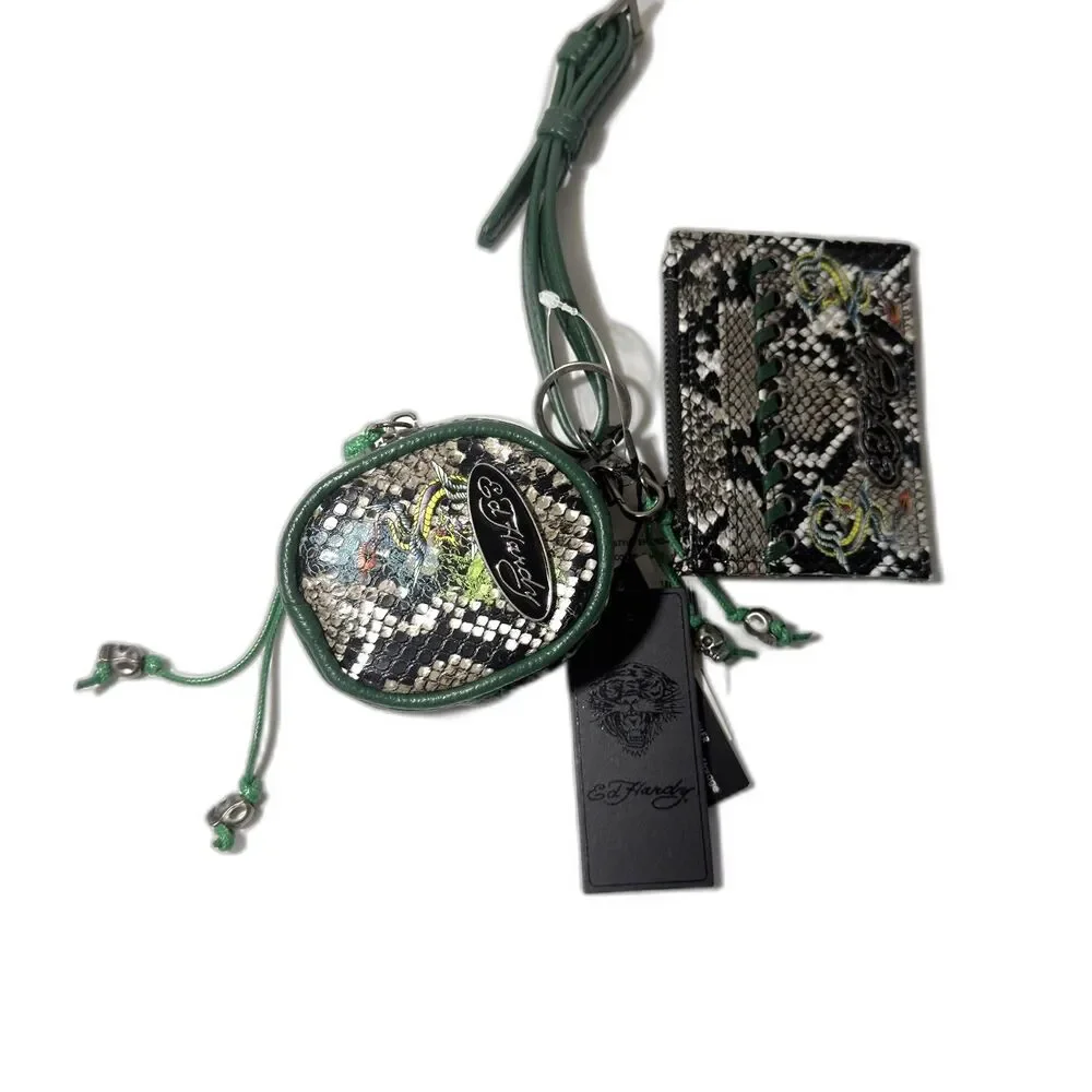 Ed Hardy Keychain Wristlet Card Holder & Coin Pouch Snakeskin Print NWT